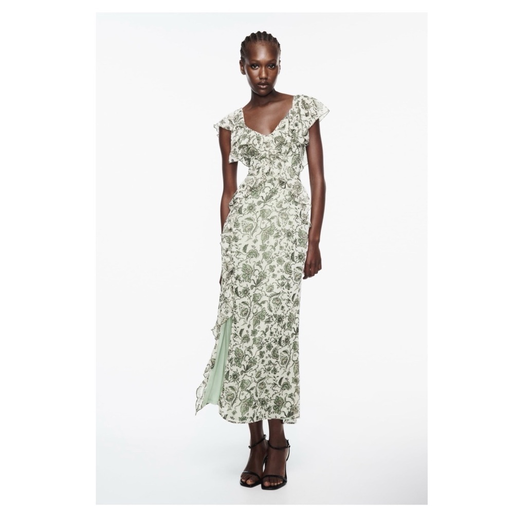 Zara Fairy Feminine Romantic Ruffled Printed Midi Dress Floral Metallic | M